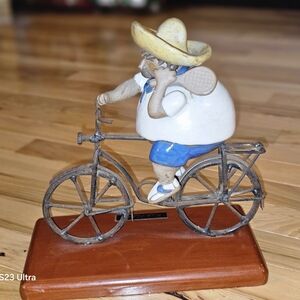 Charming Cyclist Sculpture in Blue and White